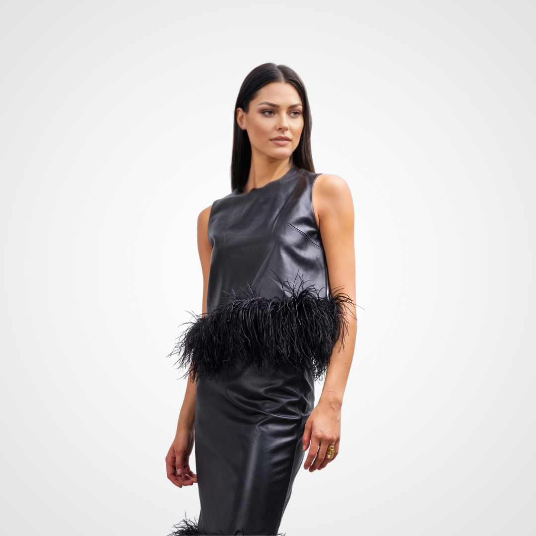 TOP & SKIRT LEATHER AND FEATHER